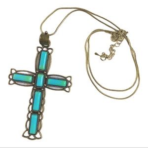 Gold & turquoise large cross pendant necklace with gold chain